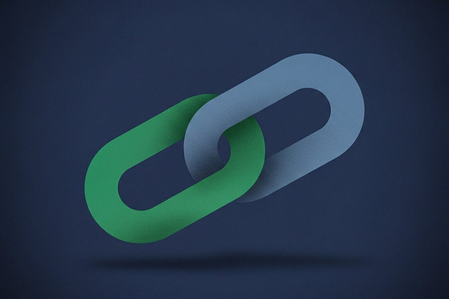 Editorial illustration of two interlocking chain links, one emerald green and one blue-grey on navy, representing the rebuilt Pipeline CRM Zapier integration