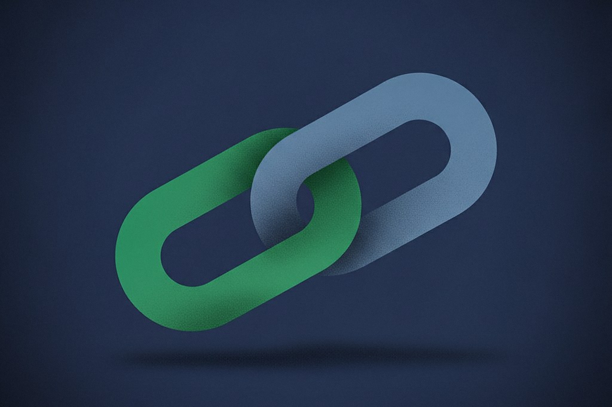 Editorial illustration of two interlocking chain links, one emerald green and one blue-grey on navy, representing the rebuilt Pipeline CRM Zapier integration