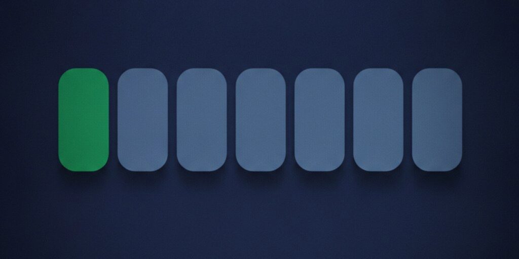Editorial illustration of six identical flat matte rounded rectangles in one row, one filled emerald green, for the Pipeline CRM guide to the best CRM for distributors and wholesalers