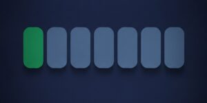 Editorial illustration of six identical flat matte rounded rectangles in one row, one filled emerald green, for the Pipeline CRM guide to the best CRM for distributors and wholesalers