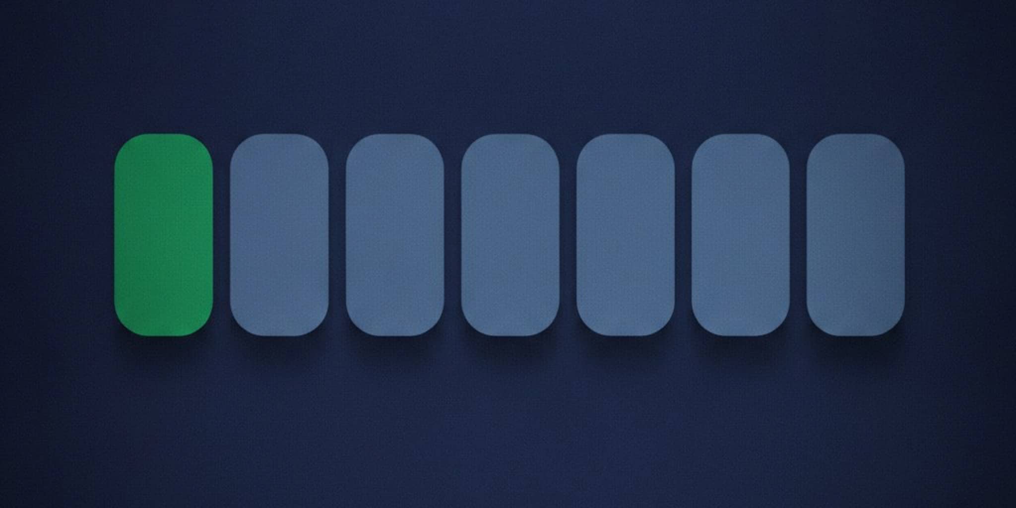 Editorial illustration of six identical flat matte rounded rectangles in one row, one filled emerald green, for the Pipeline CRM guide to the best CRM for distributors and wholesalers