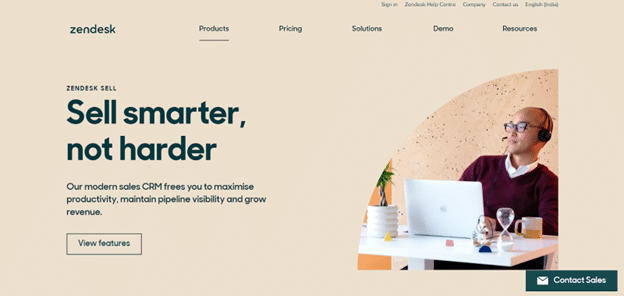 Zendesk Sell CRM homepage focusing on smarter sales processes